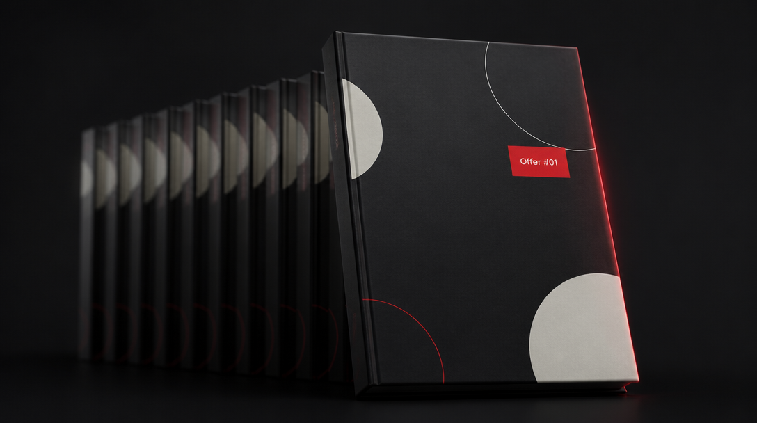 A stack of ten premium offer book boxes, with the first offer revealed